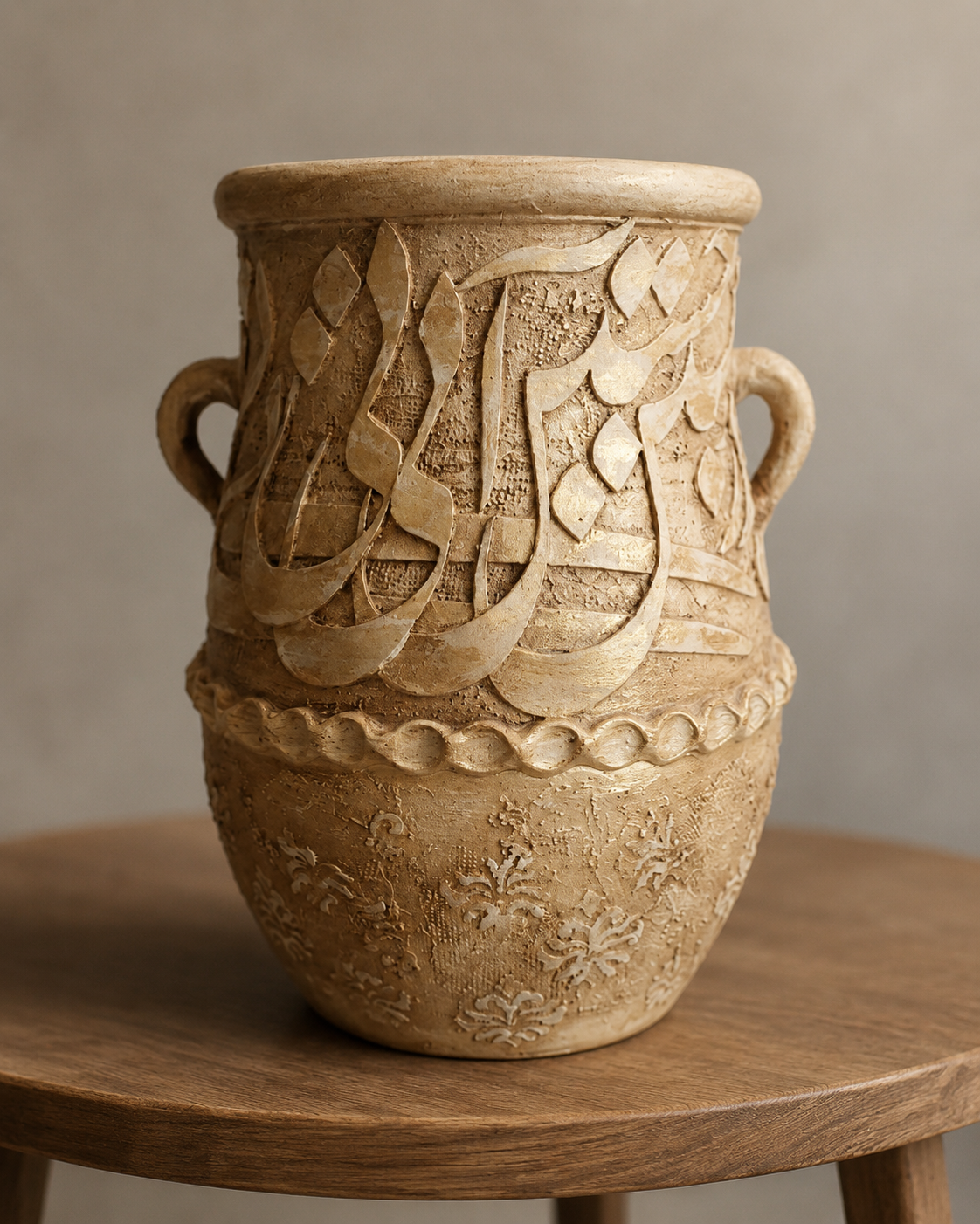 گلدان سفالی  پتینه کالیگرافی برجسته ، دستساز